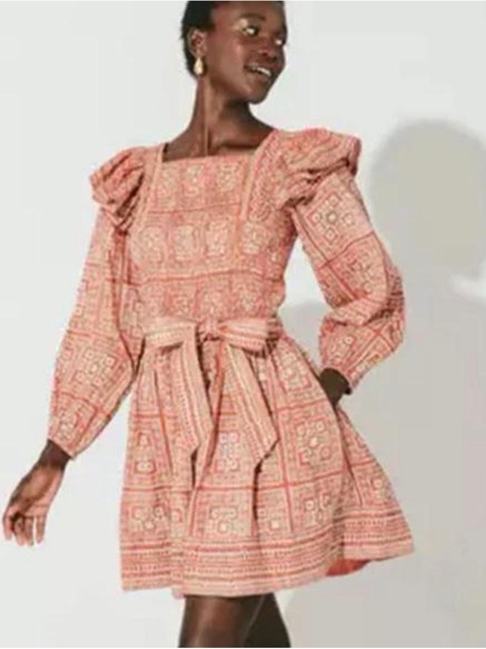 Cleobella Blair Red Geometric Printed Smocked Puff Sleeve Mini Dress - Size S